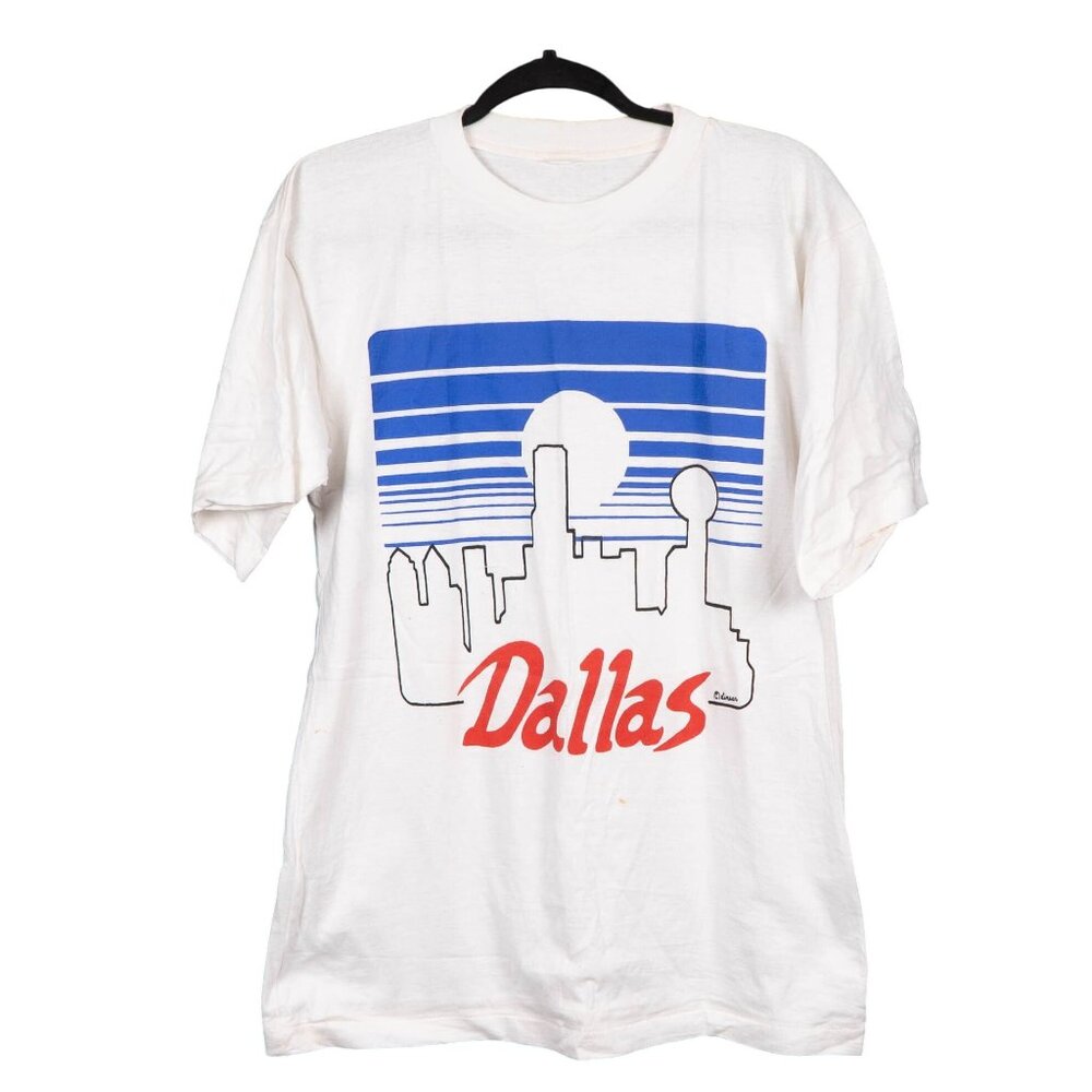 Dallas Skyline VTG Graphic TShirt L Mens White Short Sleeve Cotton Linear